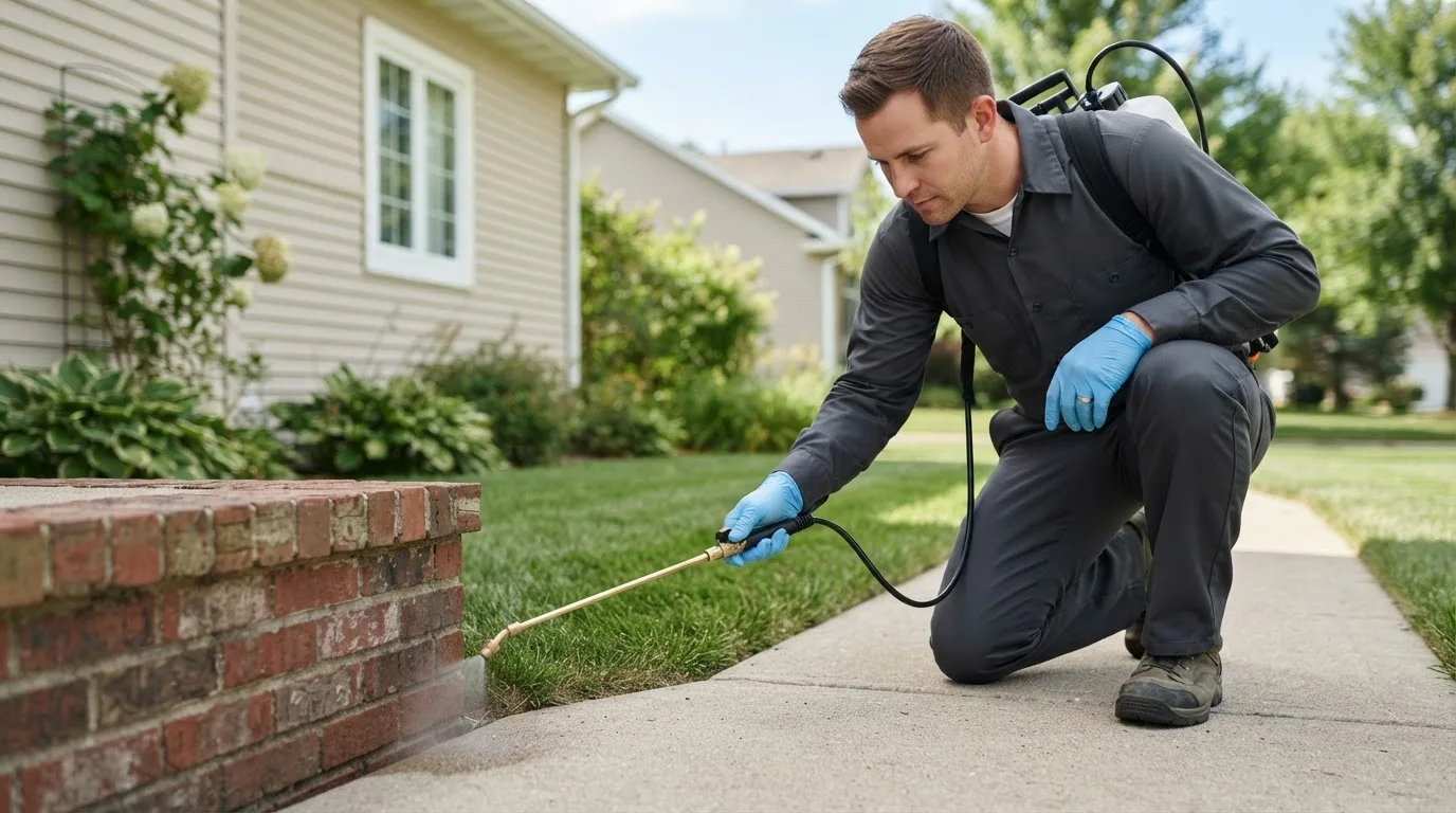 Pest control technician treating a home near False Pass, AK